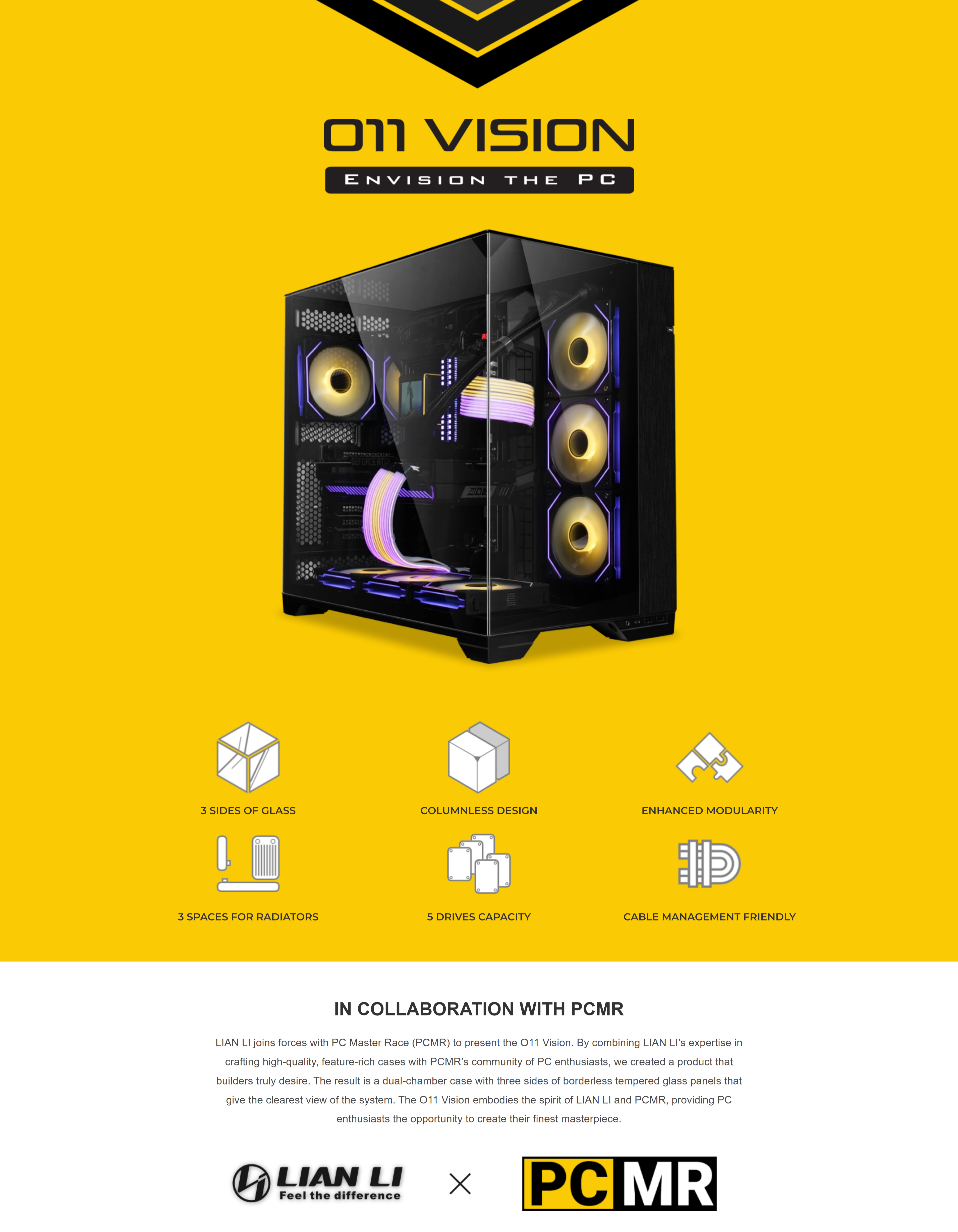 A large marketing image providing additional information about the product Lian Li O11 Vision Mid Tower Case - Chrome - Additional alt info not provided